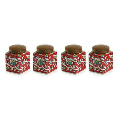 'Mughal Cuboidal' Multi-Purpose Storage Jars & Containers In Ceramic With Iron Holder (Air-Tight, Set Of 4, 240 ml, Hand-Painted)