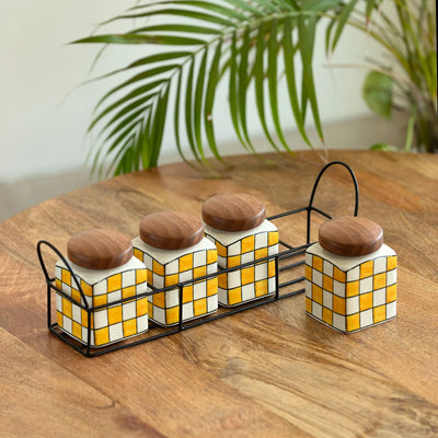 'Shatranj Checkered' Multi-Purpose Storage Jars & Containers In Ceramic With Iron Holder (Air-Tight, Set Of 4, 240 ml, Hand-Painted)