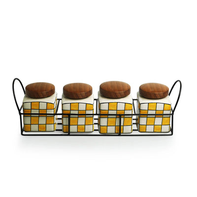 'Shatranj Checkered' Multi-Purpose Storage Jars & Containers In Ceramic With Iron Holder (Air-Tight, Set Of 4, 240 ml, Hand-Painted)