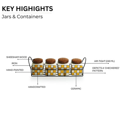 'Shatranj Checkered' Multi-Purpose Storage Jars & Containers In Ceramic With Iron Holder (Air-Tight, Set Of 4, 240 ml, Hand-Painted)