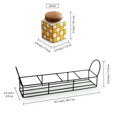 'Shatranj Checkered' Multi-Purpose Storage Jars & Containers In Ceramic With Iron Holder (Air-Tight, Set Of 4, 240 ml, Hand-Painted)