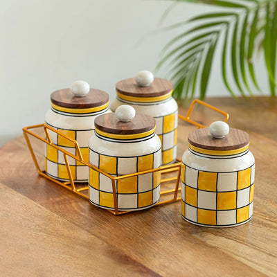 'Shatranj Checkered' Multi-Purpose Storage Jars & Containers In Ceramic With Iron Holder (Air-Tight, Set Of 4, 410 ml, Hand-Painted)