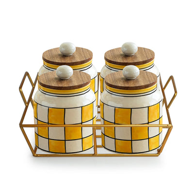 'Shatranj Checkered' Multi-Purpose Storage Jars & Containers In Ceramic With Iron Holder (Air-Tight, Set Of 4, 410 ml, Hand-Painted)