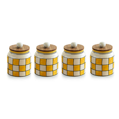 'Shatranj Checkered' Multi-Purpose Storage Jars & Containers In Ceramic With Iron Holder (Air-Tight, Set Of 4, 410 ml, Hand-Painted)