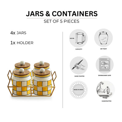 'Shatranj Checkered' Multi-Purpose Storage Jars & Containers In Ceramic With Iron Holder (Air-Tight, Set Of 4, 410 ml, Hand-Painted)