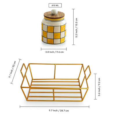 'Shatranj Checkered' Multi-Purpose Storage Jars & Containers In Ceramic With Iron Holder (Air-Tight, Set Of 4, 410 ml, Hand-Painted)