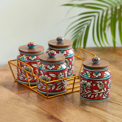 'Mughal Cylindrical' Multi-Purpose Storage Jars & Containers In Ceramic With Iron Holder (Air-Tight, Set Of 4, 410 ml, Hand-Painted)