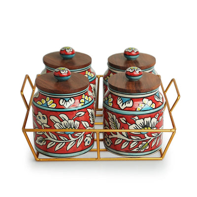 'Mughal Cylindrical' Multi-Purpose Storage Jars & Containers In Ceramic With Iron Holder (Air-Tight, Set Of 4, 410 ml, Hand-Painted)