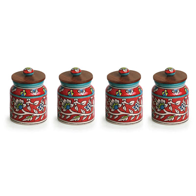 'Mughal Cylindrical' Multi-Purpose Storage Jars & Containers In Ceramic With Iron Holder (Air-Tight, Set Of 4, 410 ml, Hand-Painted)