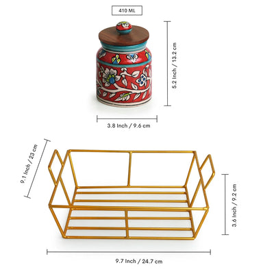 'Mughal Cylindrical' Multi-Purpose Storage Jars & Containers In Ceramic With Iron Holder (Air-Tight, Set Of 4, 410 ml, Hand-Painted)