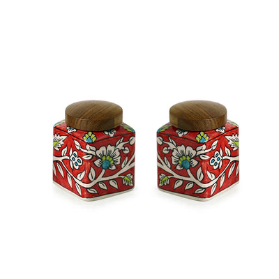 'Mughal Cuboidal' Multi-Purpose Storage Jars & Containers In Ceramic With Wooden Holder (Air-Tight, Set Of 2, 240 ml, Hand-Painted)