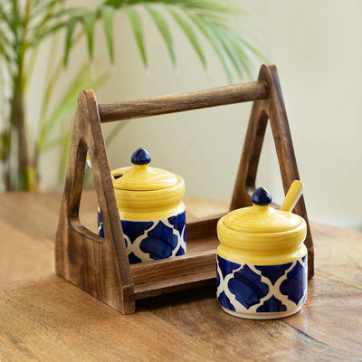 'Moroccan' Multi-Purpose Ceramic Pickle & Chutney Jar Set With Spoons & Wooden Holder (Non Air-Tight, Set Of 2, 280 ml, Hand-Painted)