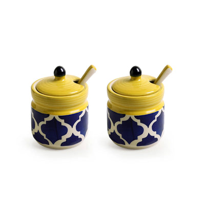 'Moroccan' Multi-Purpose Ceramic Pickle & Chutney Jar Set With Spoons & Wooden Holder (Non Air-Tight, Set Of 2, 280 ml, Hand-Painted)