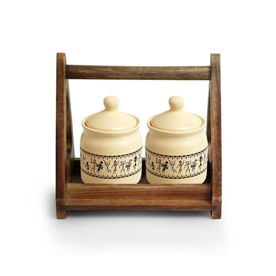 'Art Of Warli' Multi-Purpose Ceramic Pickle & Chutney Jar Set With Wooden Holder (Non Air-Tight, Set Of 2, 280 ml, Handcrafted)