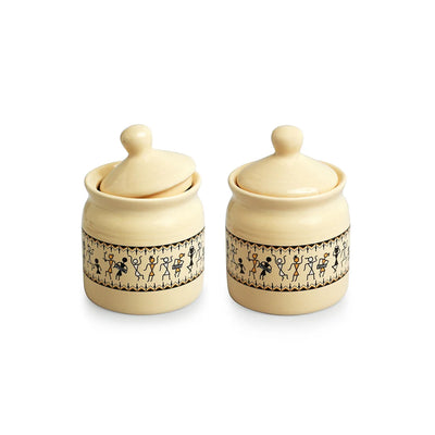 'Art Of Warli' Multi-Purpose Ceramic Pickle & Chutney Jar Set With Wooden Holder (Non Air-Tight, Set Of 2, 280 ml, Handcrafted)