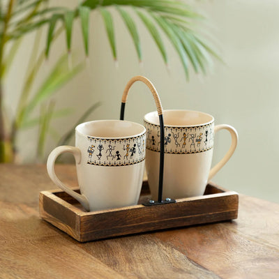 'Art of Warli' Ceramic Tea & Coffee Mugs With Wooden Tray (Set of 2, 300 ml, Handcrafted)