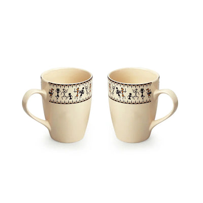 'Art of Warli' Ceramic Tea & Coffee Mugs With Wooden Tray (Set of 2, 300 ml, Handcrafted)