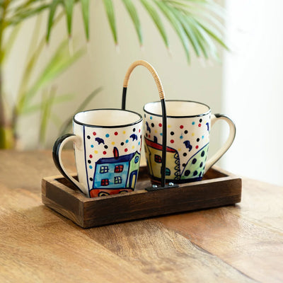 'The Hut' Ceramic Tea & Coffee Mugs With Wooden Tray (Set of 2, 270 ml, Hand-Painted)