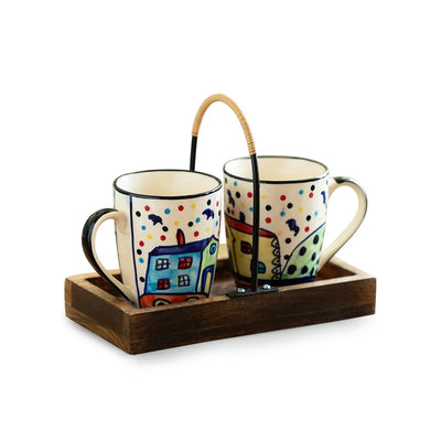 'The Hut' Ceramic Tea & Coffee Mugs With Wooden Tray (Set of 2, 270 ml, Hand-Painted)