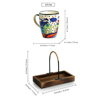 'The Hut' Ceramic Tea & Coffee Mugs With Wooden Tray (Set of 2, 270 ml, Hand-Painted)