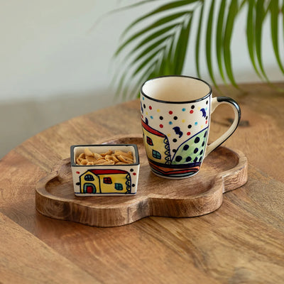 'The Hut' Ceramic Tea & Coffee Mug With Nut Bowl & Wooden Tray (270 ml & 80 ml, Hand-Painted)