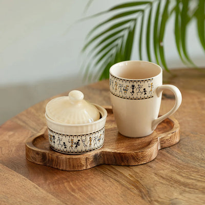 'Art of Warli' Ceramic Tea & Coffee Mug With Nut Bowl & Wooden Tray (300 ml & 160 ml, Handcrafted)