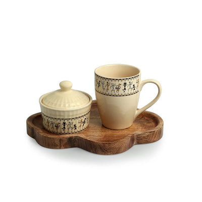 'Art of Warli' Ceramic Tea & Coffee Mug With Nut Bowl & Wooden Tray (300 ml & 160 ml, Handcrafted)