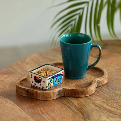 'The Hut-Blues Of Sky' Ceramic Tea & Coffee Mug With Nut Bowl & Wooden Tray (320 ml & 80 ml, Hand Glazed & Hand-Painted)