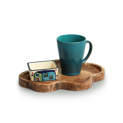 'The Hut-Blues Of Sky' Ceramic Tea & Coffee Mug With Nut Bowl & Wooden Tray (320 ml & 80 ml, Hand Glazed & Hand-Painted)