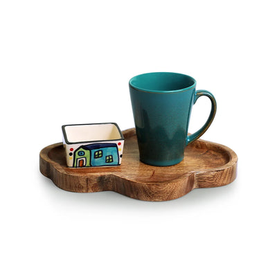 'The Hut-Blues Of Sky' Ceramic Tea & Coffee Mug With Nut Bowl & Wooden Tray (320 ml & 80 ml, Hand Glazed & Hand-Painted)