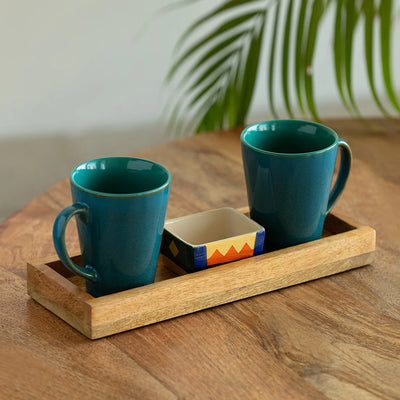 'Blues Of Sky-Geometric Landscape' Ceramic Tea & Coffee Mugs With Nut Bowl & Wooden Tray (320 ml & 80 ml, Hand Glazed & Hand-Painted)