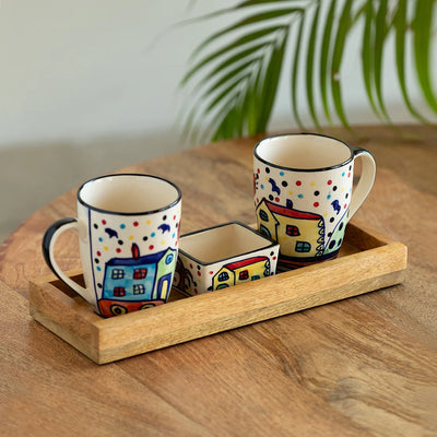 'The Hut' Ceramic Tea & Coffee Mugs With Nut Bowl & Wooden Tray (270 ml & 80 ml, Hand-Painted)