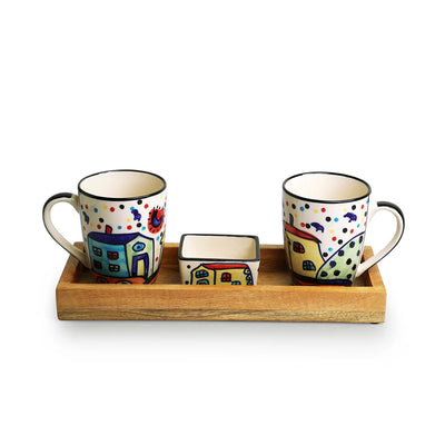 'The Hut' Ceramic Tea & Coffee Mugs With Nut Bowl & Wooden Tray (270 ml & 80 ml, Hand-Painted)