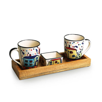 'The Hut' Ceramic Tea & Coffee Mugs With Nut Bowl & Wooden Tray (270 ml & 80 ml, Hand-Painted)