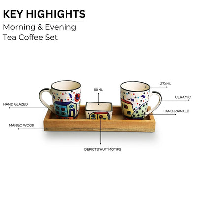 'The Hut' Ceramic Tea & Coffee Mugs With Nut Bowl & Wooden Tray (270 ml & 80 ml, Hand-Painted)