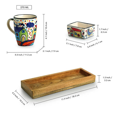 'The Hut' Ceramic Tea & Coffee Mugs With Nut Bowl & Wooden Tray (270 ml & 80 ml, Hand-Painted)