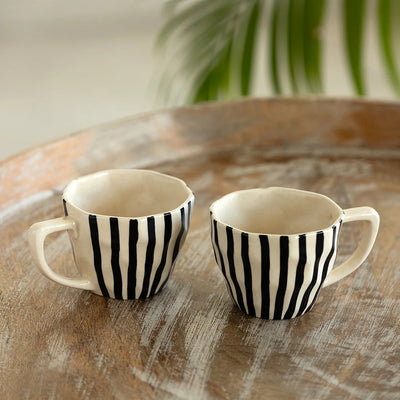 'Zebra Pattern' Ceramic Tea & Coffee Mugs (Set of 2, 200 ml, Microwave Safe, Hand-Painted)