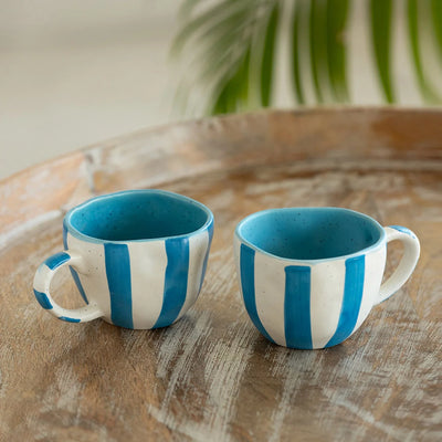 'Sky' Ceramic Tea & Coffee Mugs (Set of 2, 200 ml, Microwave Safe, Hand-Painted)