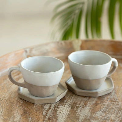 'Slate Grey' Ceramic Coffee & Tea Cups With Saucers Set (Set of 2, 200 ml, Microwave Safe, Hand Glazed)