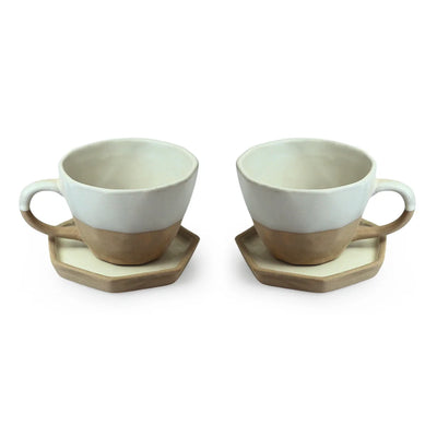 'Slate Grey' Ceramic Coffee & Tea Cups With Saucers Set (Set of 2, 200 ml, Microwave Safe, Hand Glazed)