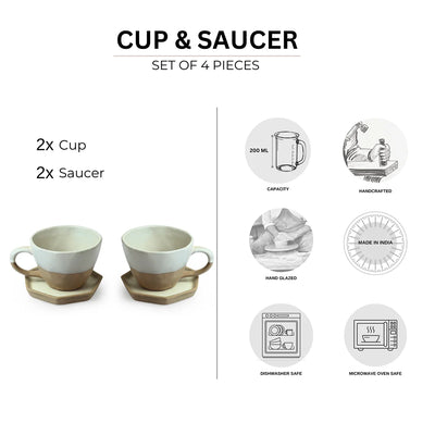 'Slate Grey' Ceramic Coffee & Tea Cups With Saucers Set (Set of 2, 200 ml, Microwave Safe, Hand Glazed)