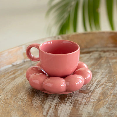 'Bubbly Blooms' Ceramic Coffee & Tea Cup With Saucer Set (180 ml, Microwave Safe, Hand Glazed)