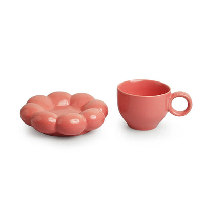 'Bubbly Blooms' Ceramic Coffee & Tea Cup With Saucer Set (180 ml, Microwave Safe, Hand Glazed)