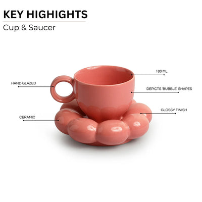 'Bubbly Blooms' Ceramic Coffee & Tea Cup With Saucer Set (180 ml, Microwave Safe, Hand Glazed)