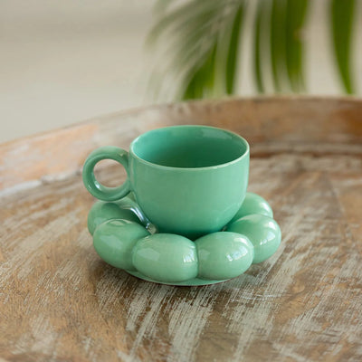 'Bubbly Blooms' Ceramic Coffee & Tea Cup With Saucer Set (180 ml, Microwave Safe, Hand Glazed)