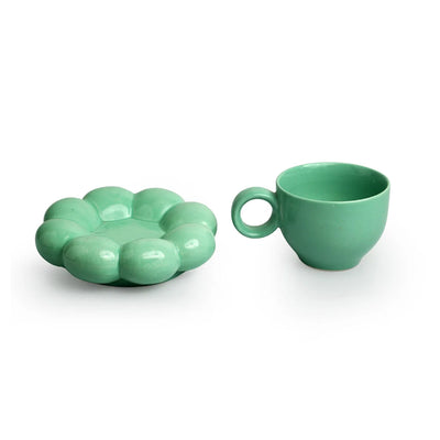 'Bubbly Blooms' Ceramic Coffee & Tea Cup With Saucer Set (180 ml, Microwave Safe, Hand Glazed)