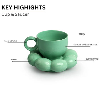 'Bubbly Blooms' Ceramic Coffee & Tea Cup With Saucer Set (180 ml, Microwave Safe, Hand Glazed)