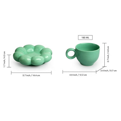 'Bubbly Blooms' Ceramic Coffee & Tea Cup With Saucer Set (180 ml, Microwave Safe, Hand Glazed)