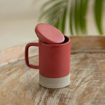 'Cherry Red' Ceramic Green Tea & Coffee Mug With Lid (Non Air-Tight, 320 ml, Microwave Safe, Hand Glazed)