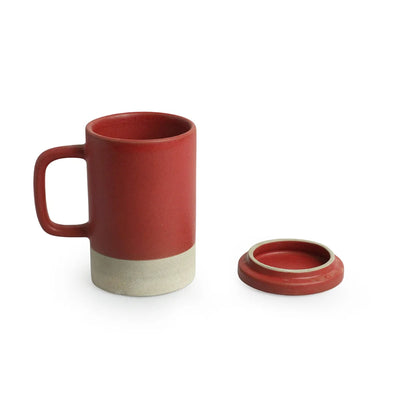 'Cherry Red' Ceramic Green Tea & Coffee Mug With Lid (Non Air-Tight, 320 ml, Microwave Safe, Hand Glazed)